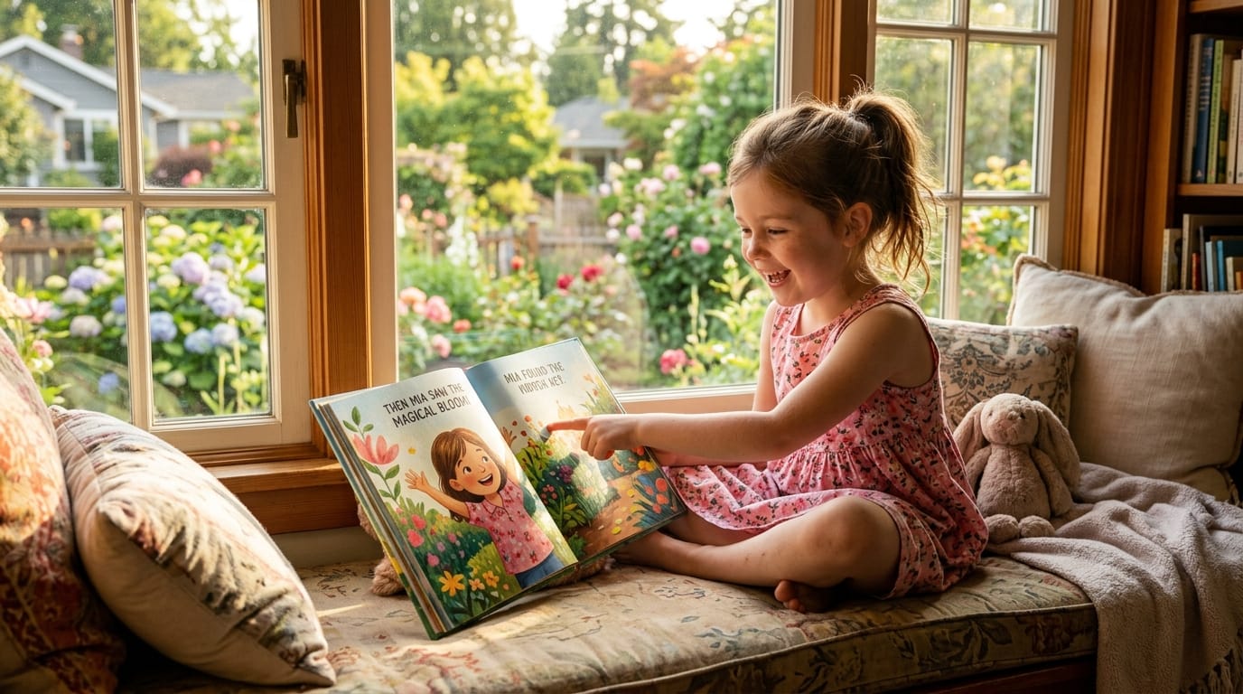 Joyful girl on a sunlit window seat points to her likeness in a personalized children's book, reacting with wonder near a neighborhood garden view.