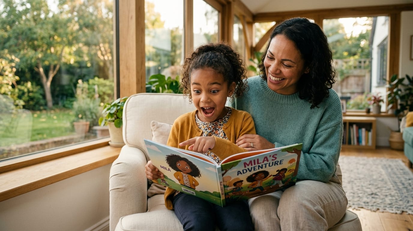 A delighted girl points to a character mirroring her appearance in a personalized children's book while sitting with her mother in a sunny sunroom.