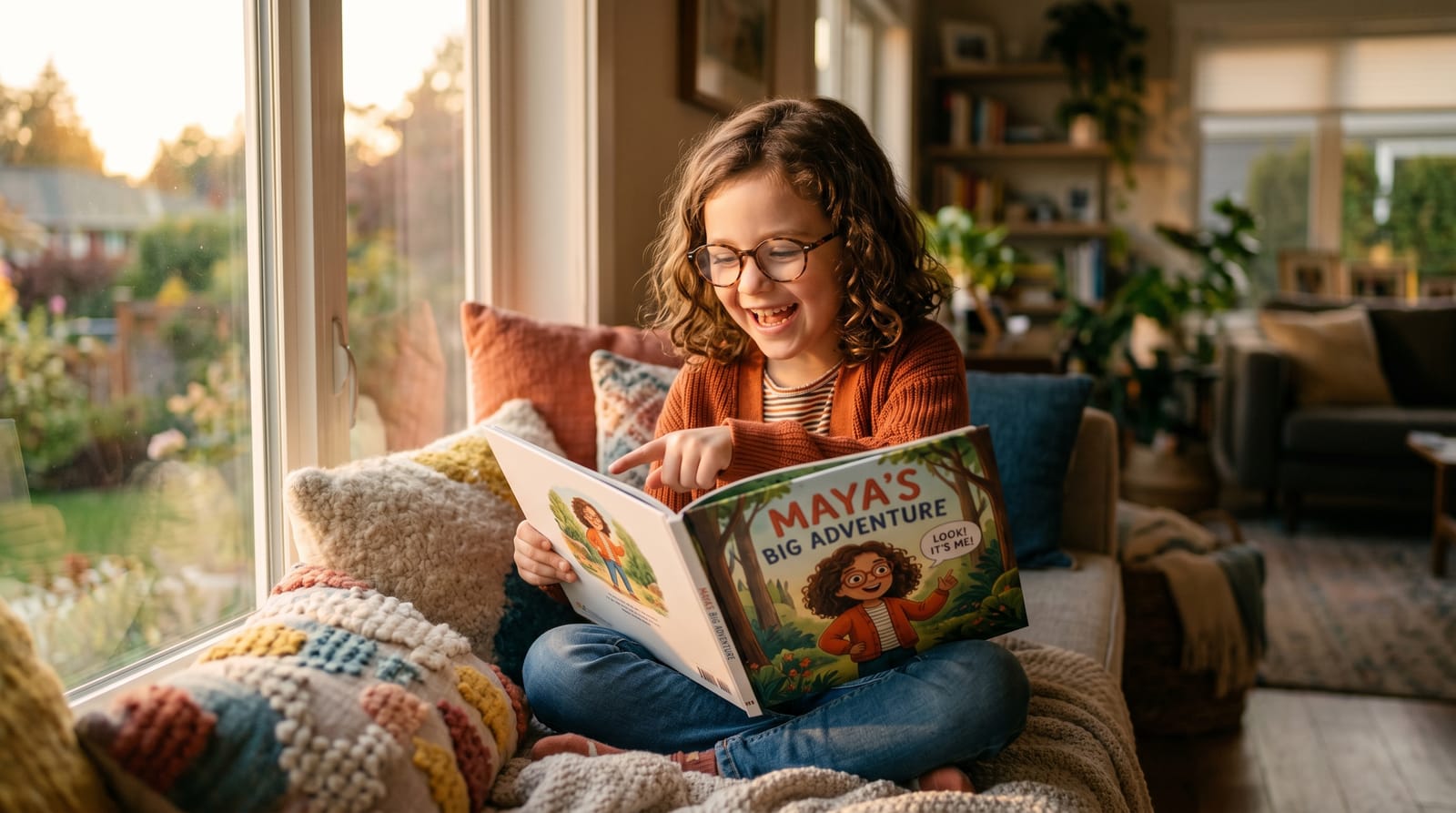 Curly-haired girl with glasses points with wonder at her likeness in a personalized children's book, sitting in a sun-drenched window seat.