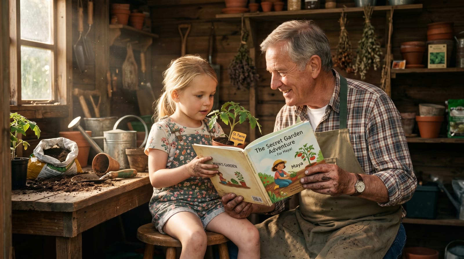 Young girl and grandfather compare an heirloom plant to a personalized children's book while potting together in a sun-drenched garden shed.