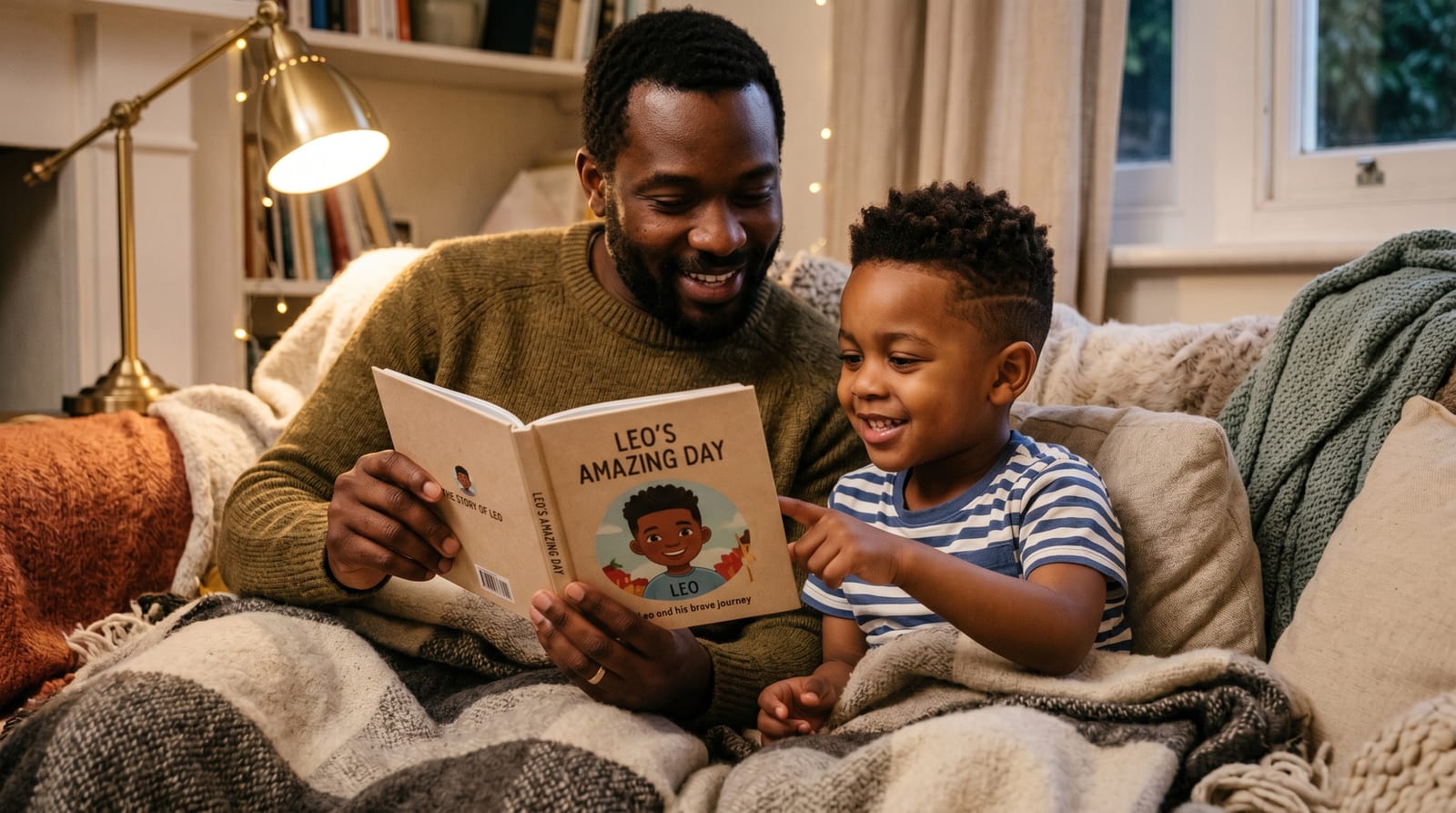 Father and son bond in a cozy reading nook as the boy joyfully recognizes his likeness in a personalized children's book under warm lamp light.