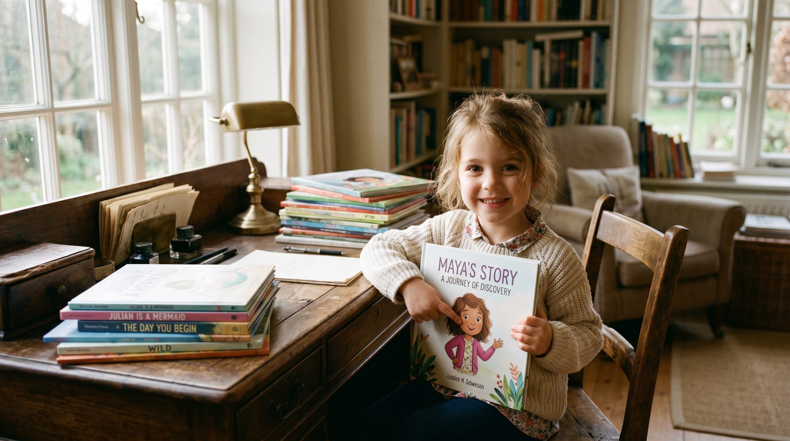Smiling child at a vintage desk holding an open personalized children's book, surrounded by modern stories in warm, sunlit morning light.