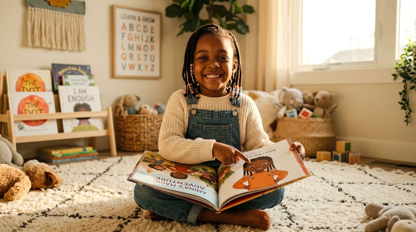 Smiling girl in a sunlit nursery points to a character mirroring her likeness in a personalized children's book during a proud storytime moment.