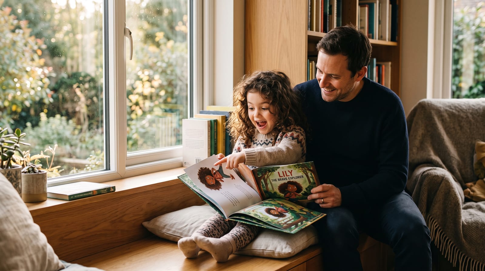 A curly-haired girl points with wonder at her personalized children's book on a sunny window seat while her father watches with a warm smile.