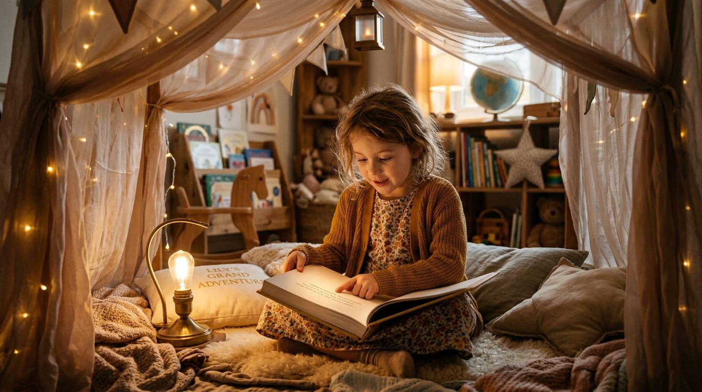 Young girl in a cozy silk reading camp, tracing her name in a glowing personalized children's book under warm string lights in a nursery.