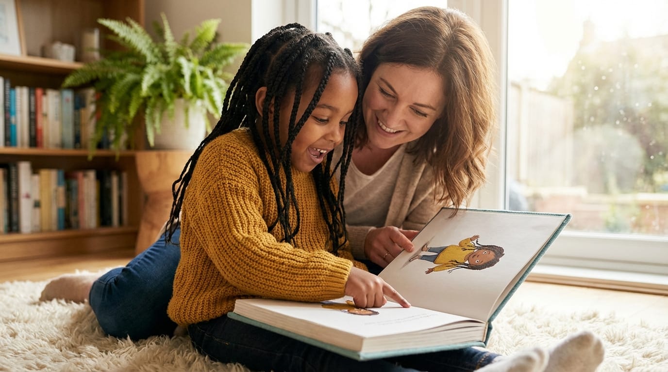 A girl with braids in a mustard yellow sweater points to her likeness in a personalized children's book with her mother in a cozy, sun-drenched room.