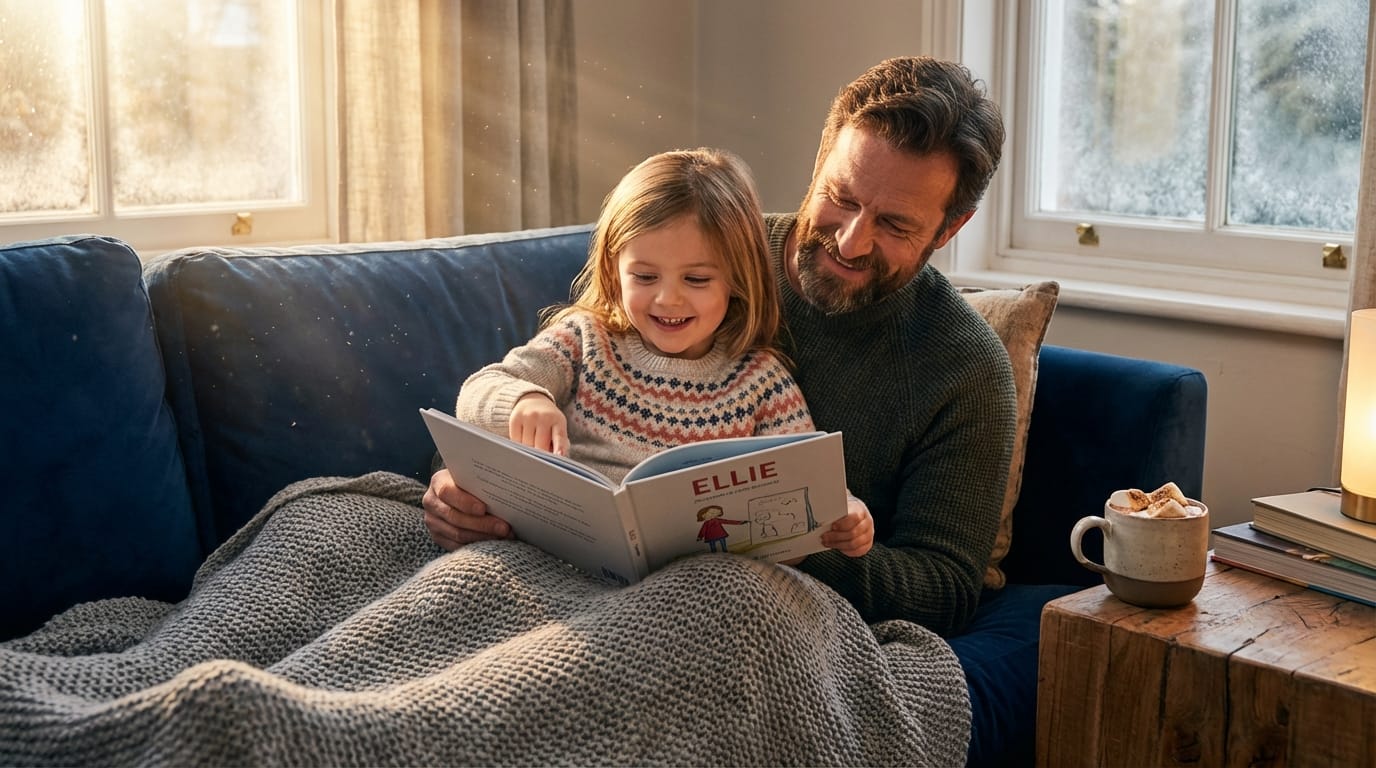 Father and daughter snuggle on a navy sofa reading a personalized children's book, as she points to her likeness in warm, golden hour light.