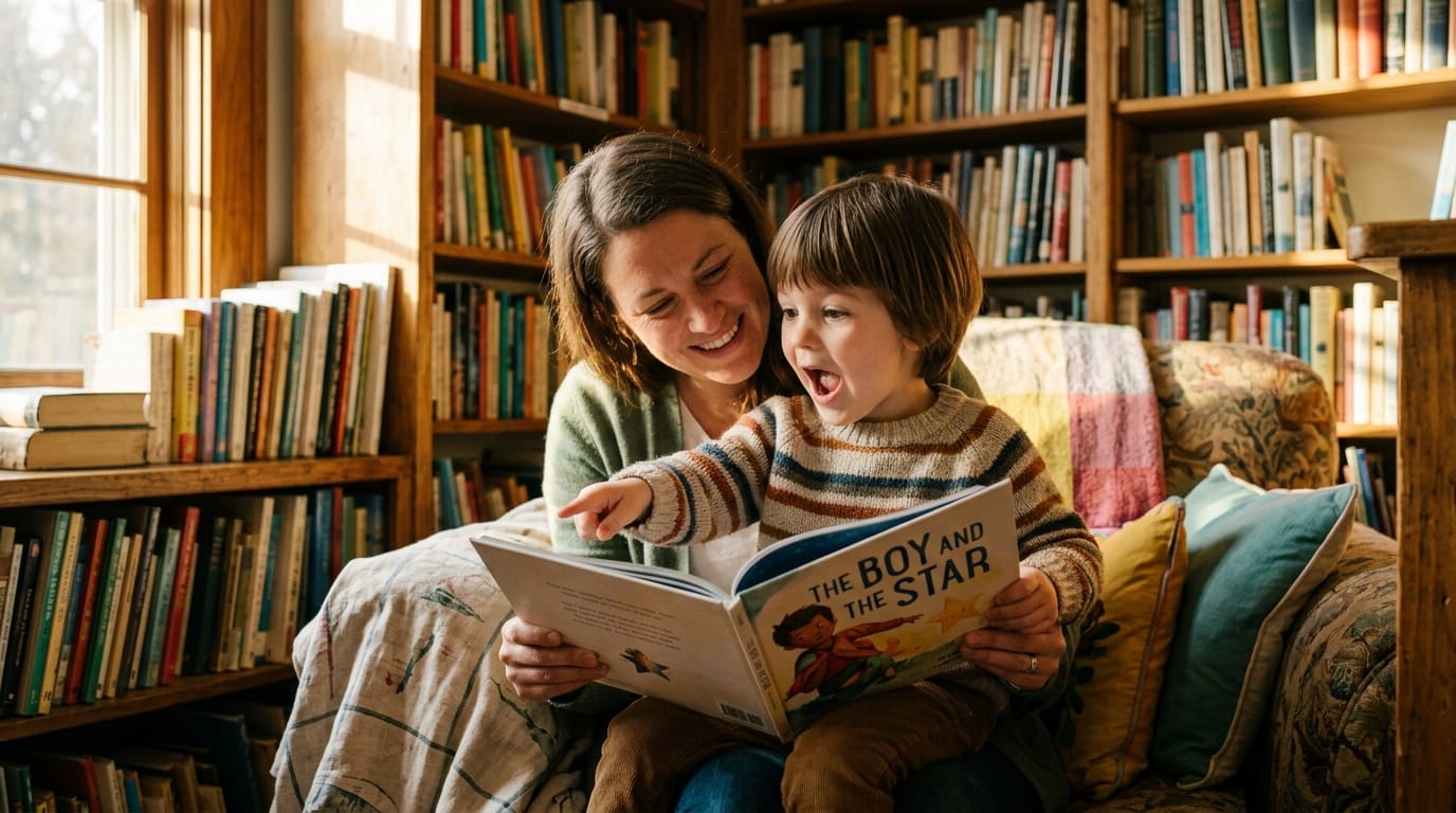 A child points in wonder at a personalized storybook held by their mother in a sun-drenched library nook with cozy textiles and golden light.