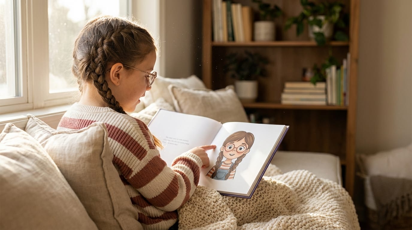 Young girl with braids and glasses points in awe at a matching character in a personalized children's book inside a sunlit, cozy reading nook.