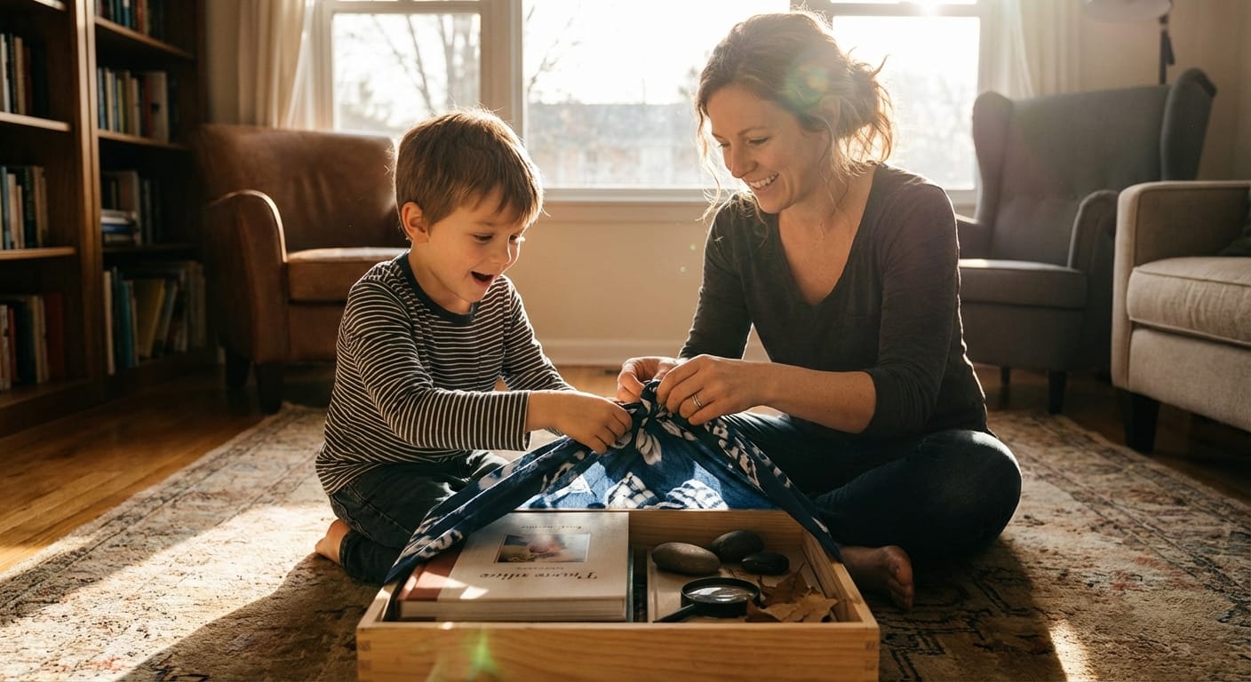 Mother and son unwrap a Furoshiki gift on a sunny floor, revealing a premium hardcover personalized children's book inside a wooden treasure crate.