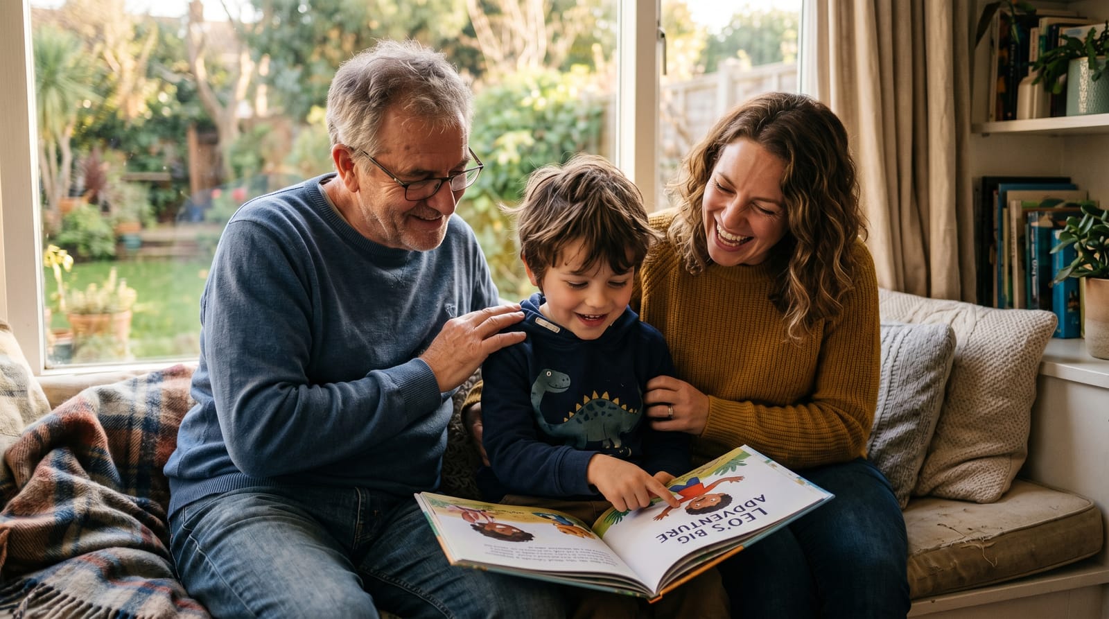 A boy points to a character mirroring himself in a personalized children's book as his mother and grandfather smile on a cozy window seat.