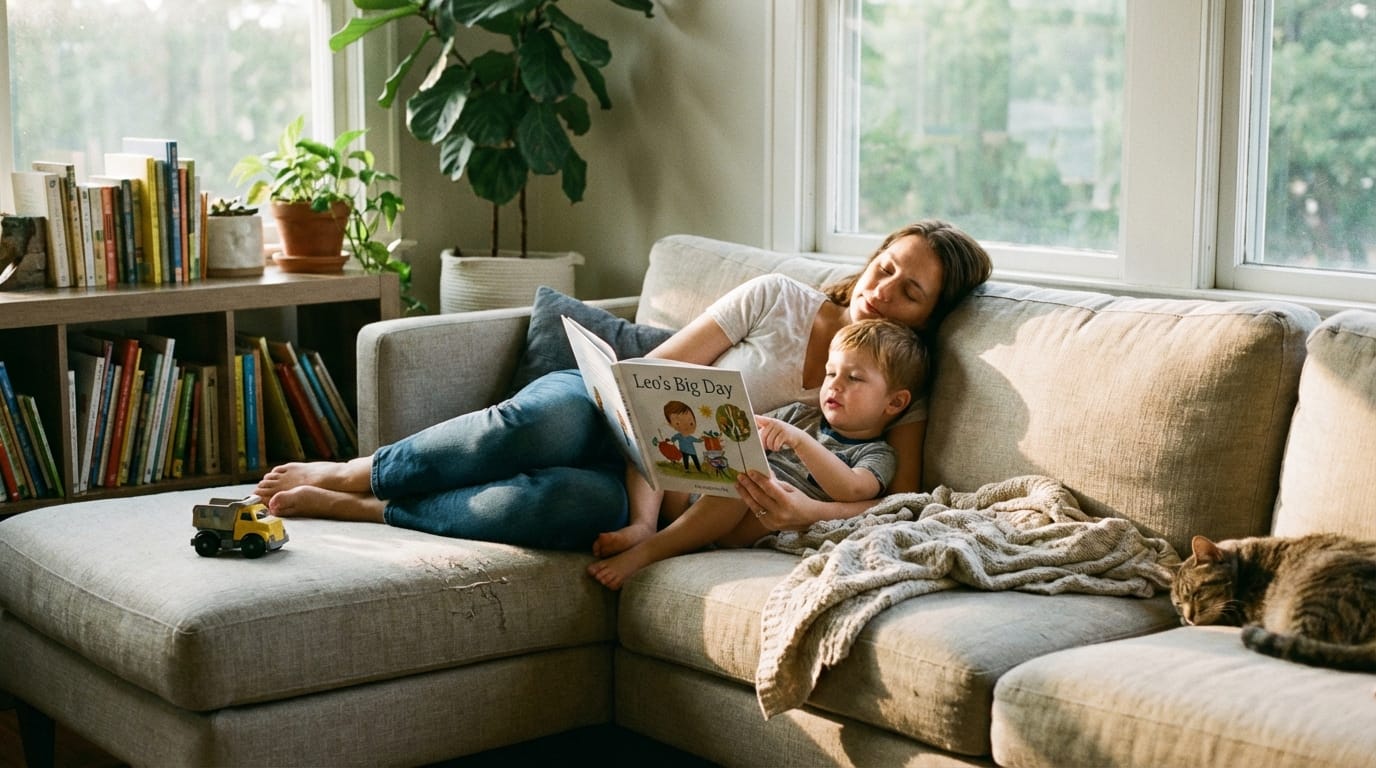 Mother and son share a quiet moment on a cozy sofa, reading a personalized children's book with illustrations matching the boy in golden hour light.