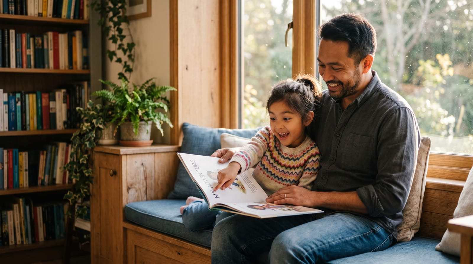 Southeast Asian father and daughter read a personalized children's book on a sunlit window seat, the girl pointing at the page in joyful surprise.