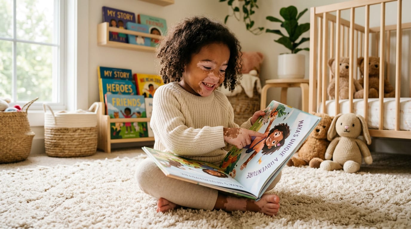 Smiling girl with vitiligo points to a character mirroring her in a personalized children's book while sitting on a rug in a sunlit nursery.