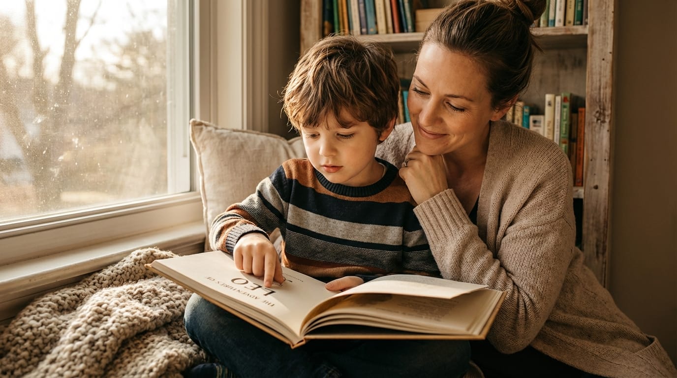 A thoughtful boy traces his name in a personalized children’s book as his mother looks on with pride in a cozy, sun-drenched indoor reading nook.