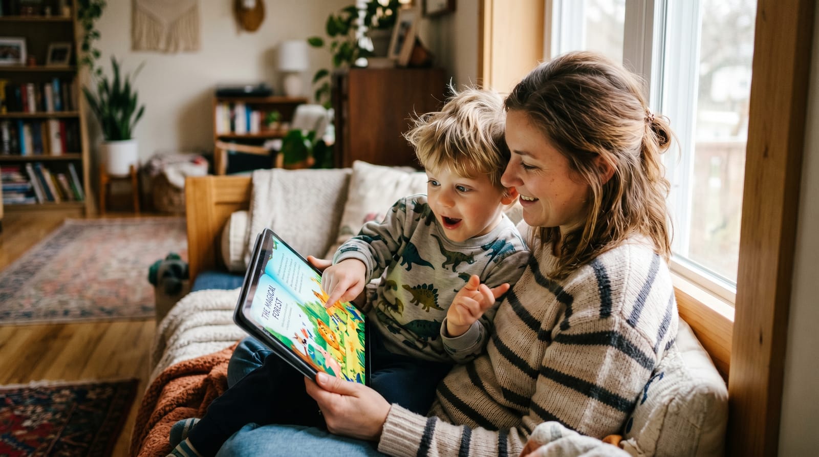 Mother and son huddled on a window seat, viewing a personalized children's book preview on a tablet as the boy points in surprised recognition.