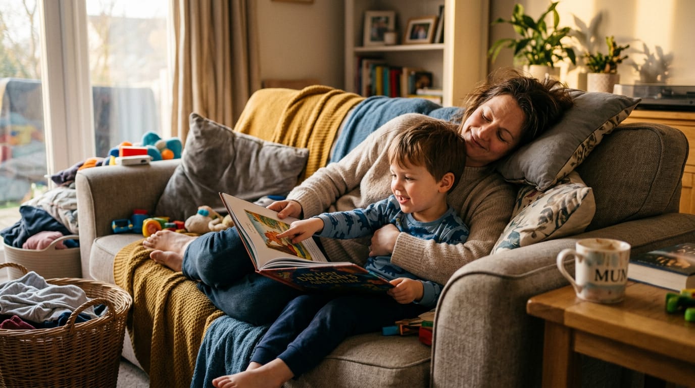 Exhausted mother and son share a personalized children's book on a messy sofa in golden light, the boy pointing at a page with recognition and pride.