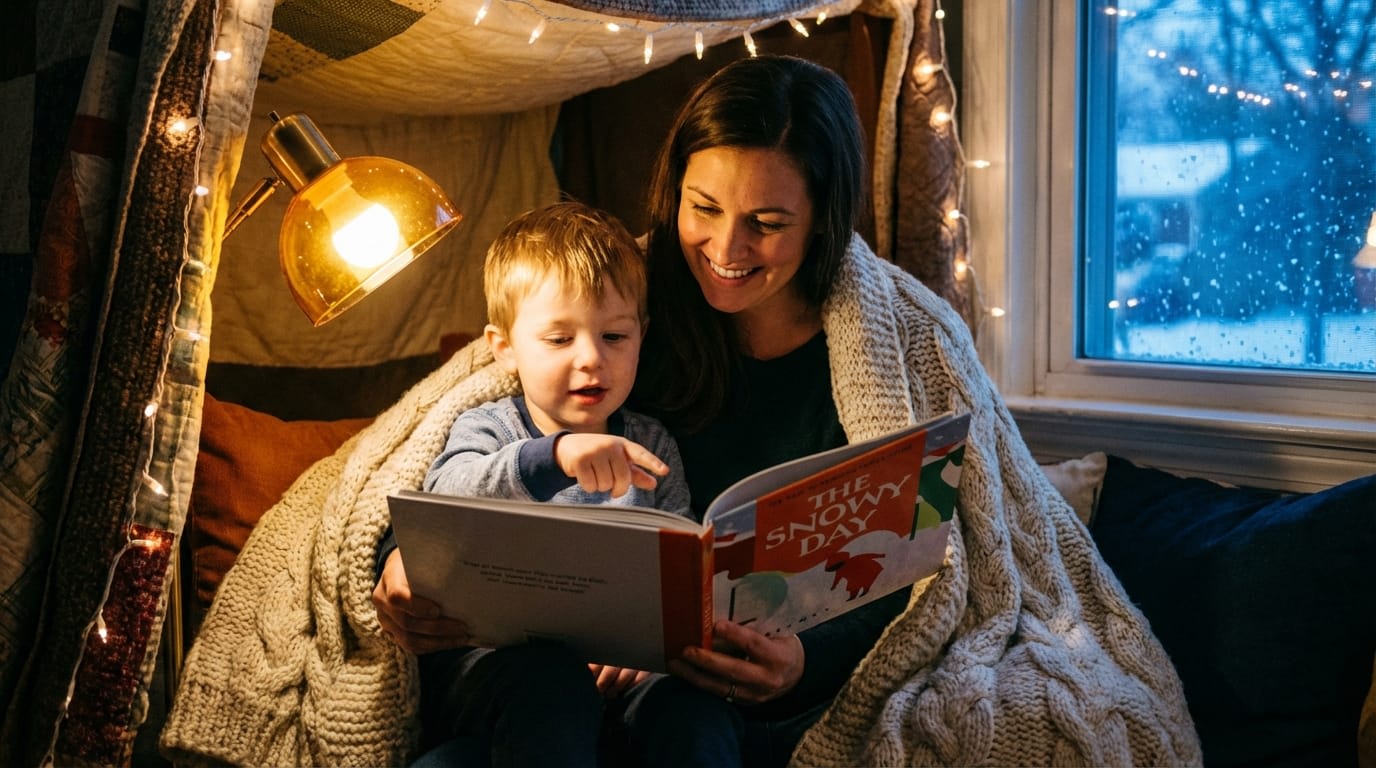 Mother and son reading a personalized children's book in a cozy quilt nook with glowing lights, sheltered from the snowy winter twilight.