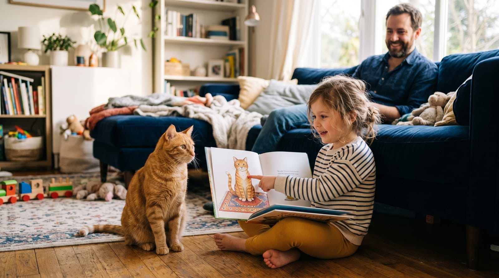 A girl marvels at a personalized children's book featuring her ginger cat, mirroring the pet beside her in a sunlit living room as her father smiles.