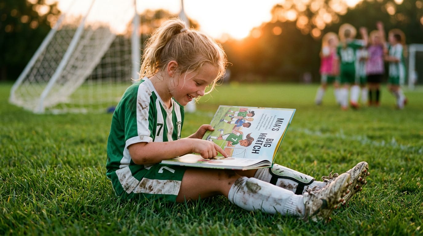Young girl in a soccer kit sits on a grass field, reading a personalized children's book with a heroic, proud expression at sunset by a soccer goal.