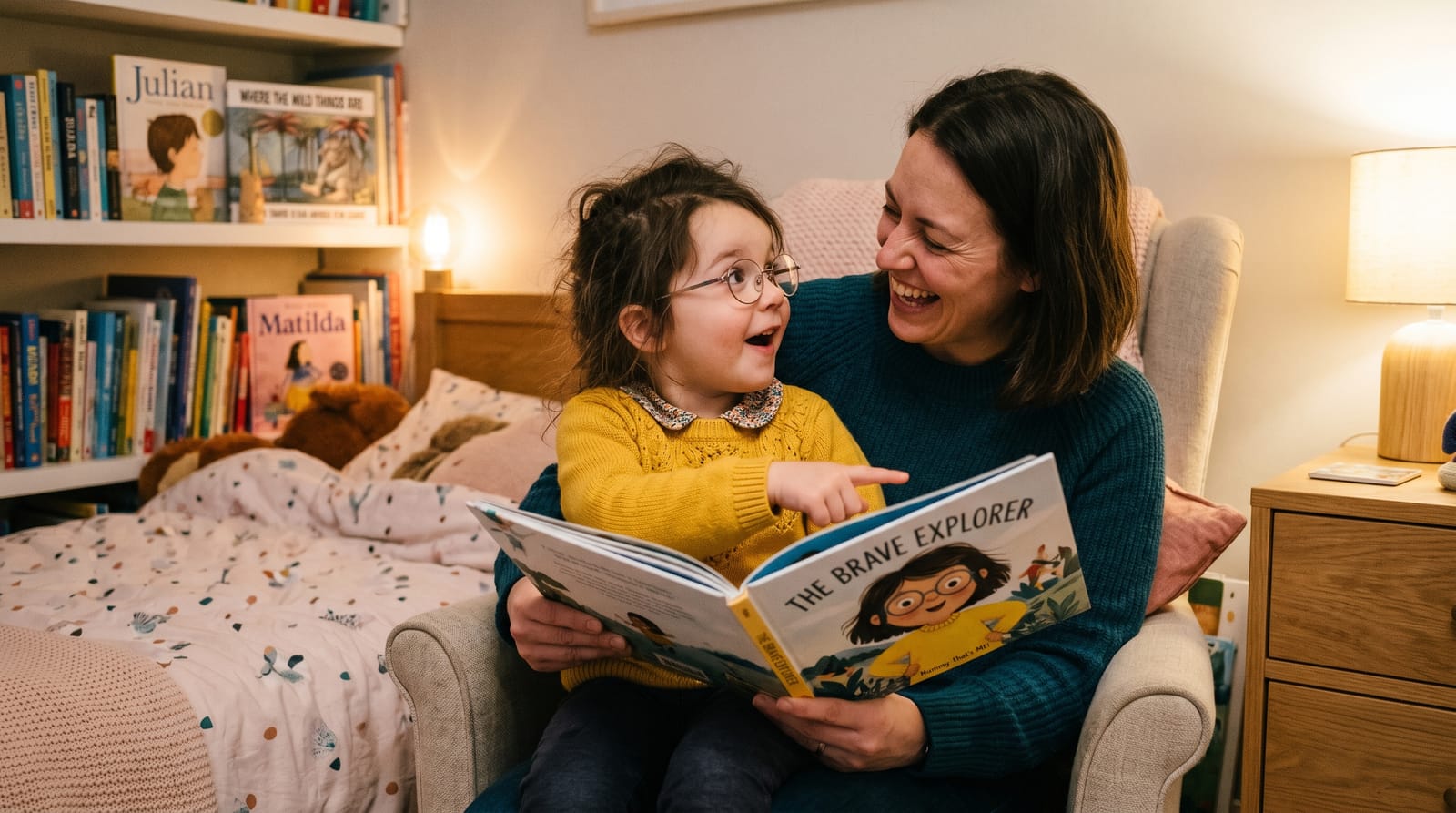 Young child in a yellow sweater and glasses points joyfully to their likeness in a personalized children's book during cozy storytime with mom.