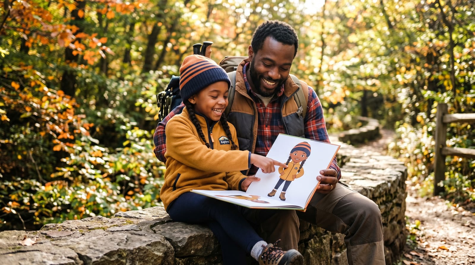 Father and daughter bond over a personalized children's book on a stone wall during an autumn hike, sharing a moment of portable family heritage.