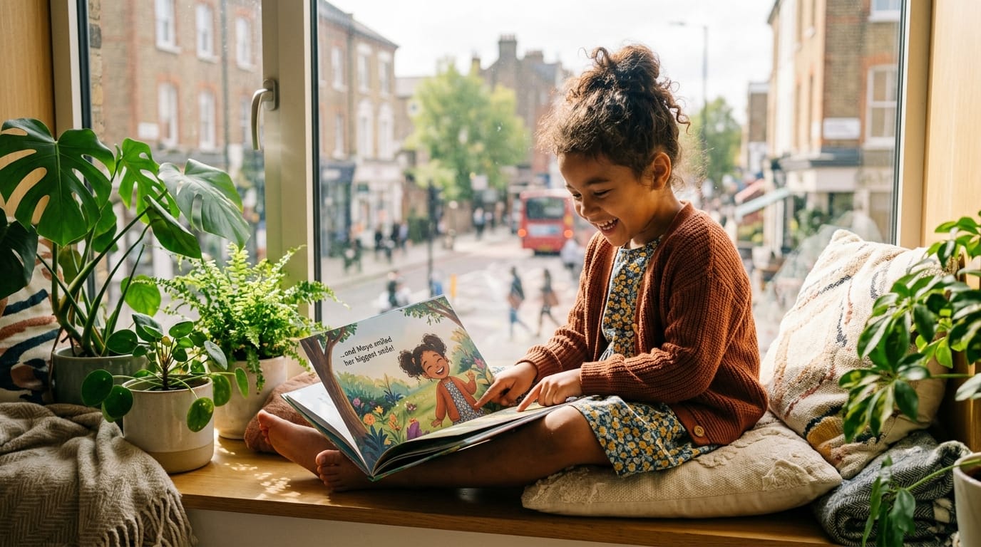 Mixed-heritage girl on a sunlit window seat marvels at a personalized children's book illustration mirroring her appearance in a modern apartment.