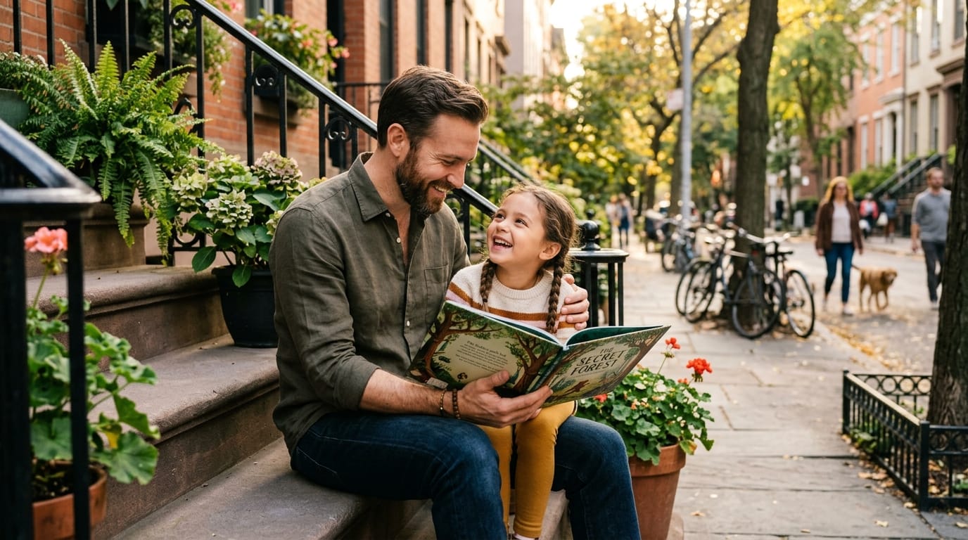 Father and daughter share a personalized children's book on urban brownstone steps, highlighting a joyful, empowered moment for modern families.