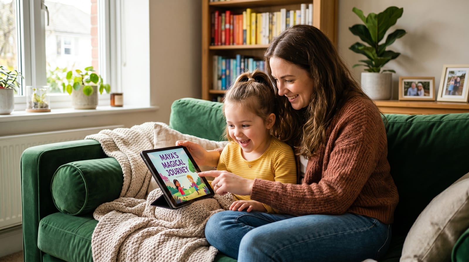 A mother and daughter preview a personalized children's book on a tablet, smiling with wonder on a sun-drenched velvet sofa in a cozy home.
