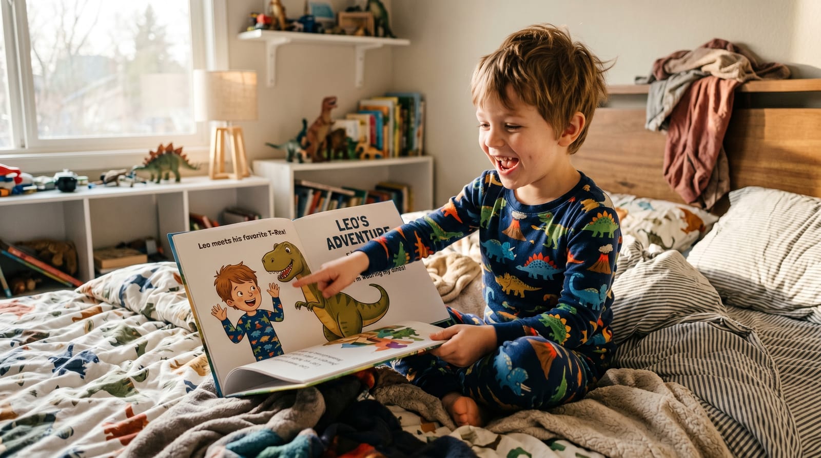 Excited child in dinosaur pajamas points at a personalized children's book character wearing matching clothes on an unmade bed in soft window light.