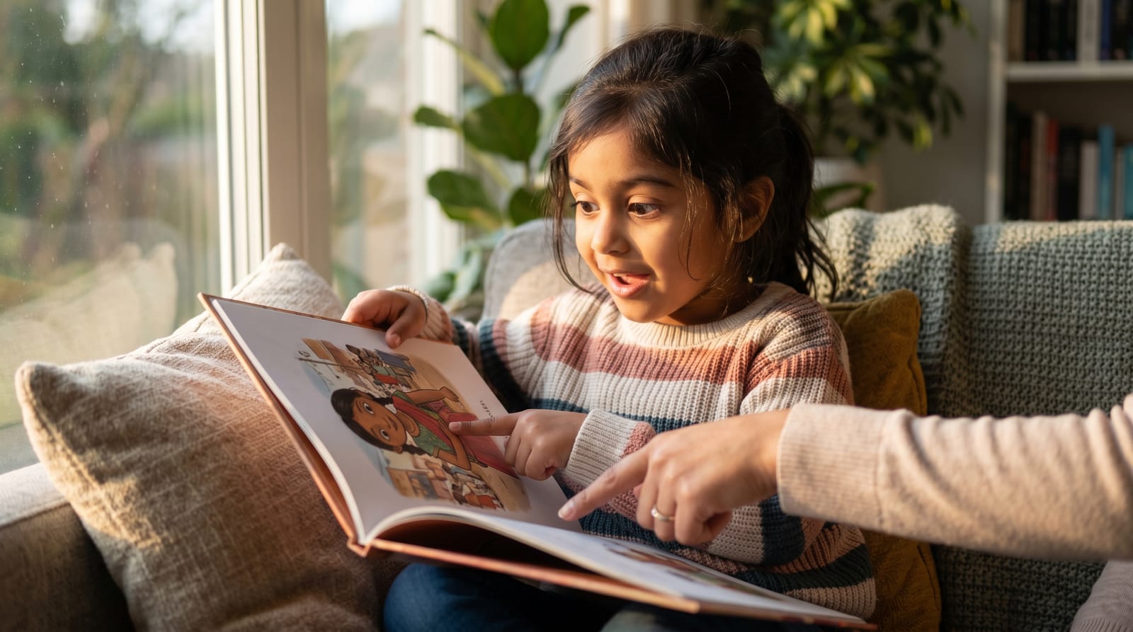 South Asian girl points in awe at her likeness in a personalized children's book, reflecting her heritage with a parent in a sunlit reading nook.