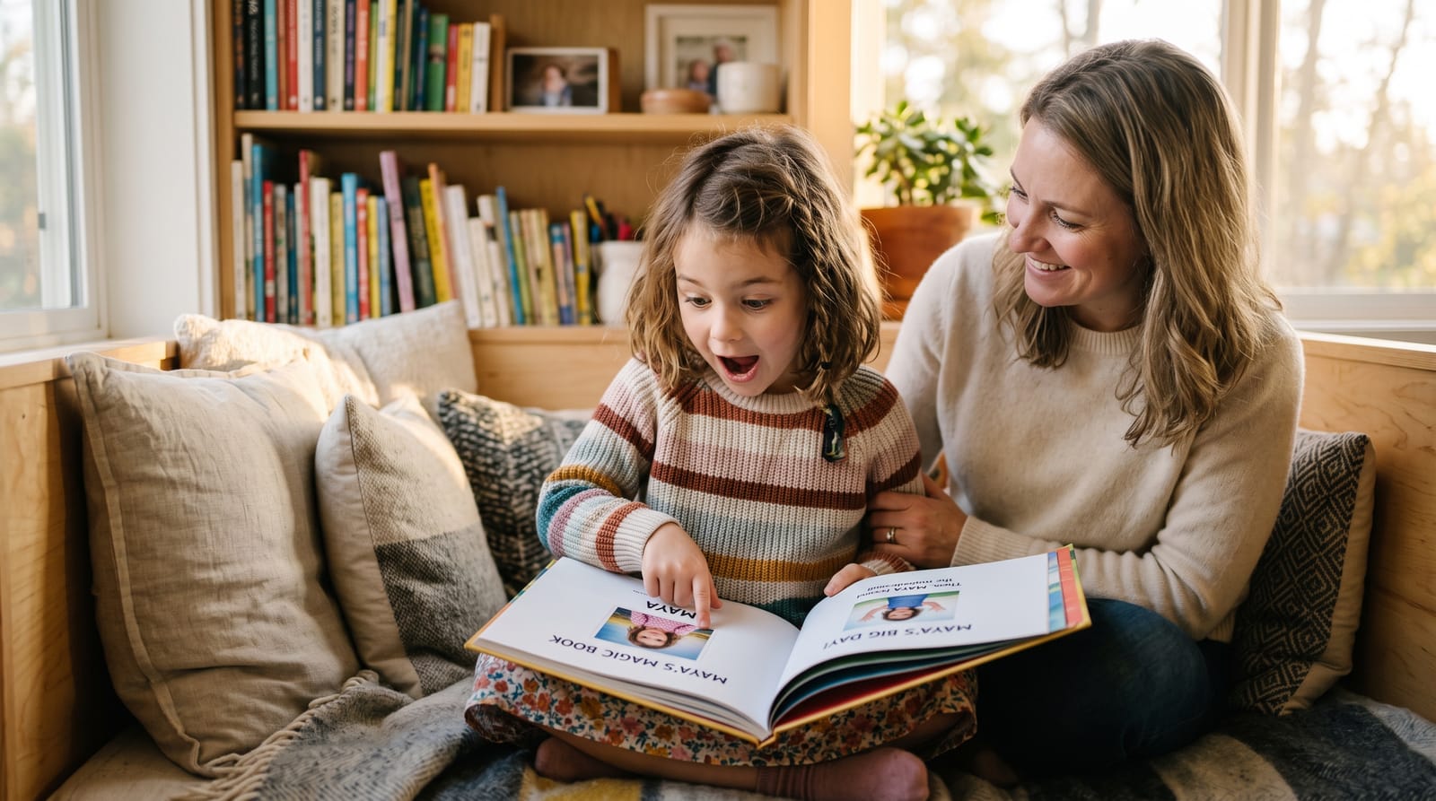 Astonished girl points to her name in a personalized children's book, sharing a moment with her smiling mother in a sun-drenched, cozy reading nook.