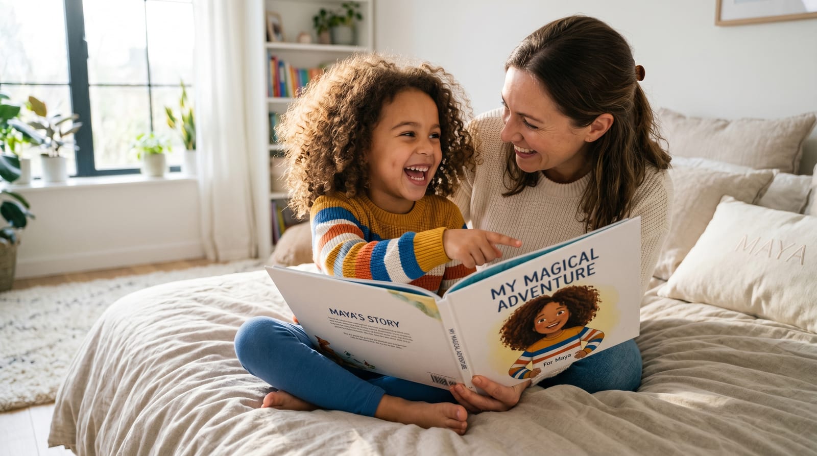A curly-haired girl points at her lookalike in a personalized children's book, sharing a joyful moment with her mother in a sunlit modern bedroom.