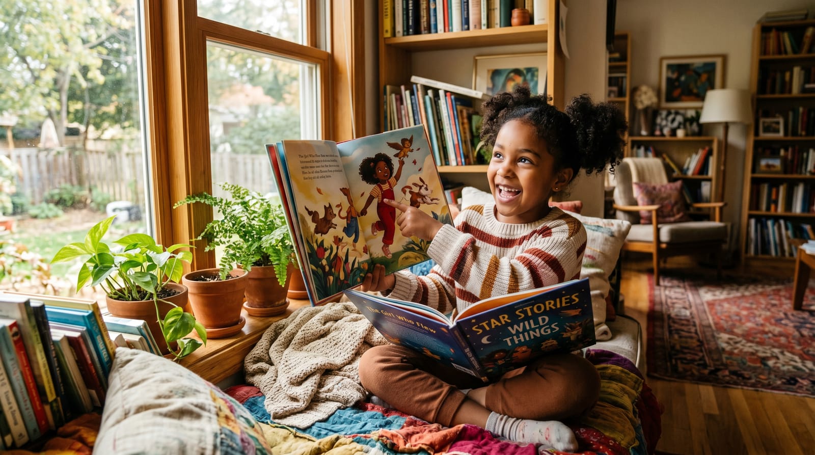 A young girl points to herself as the hero in a personalized children's book, her face glowing with recognition in a sun-drenched window nook.