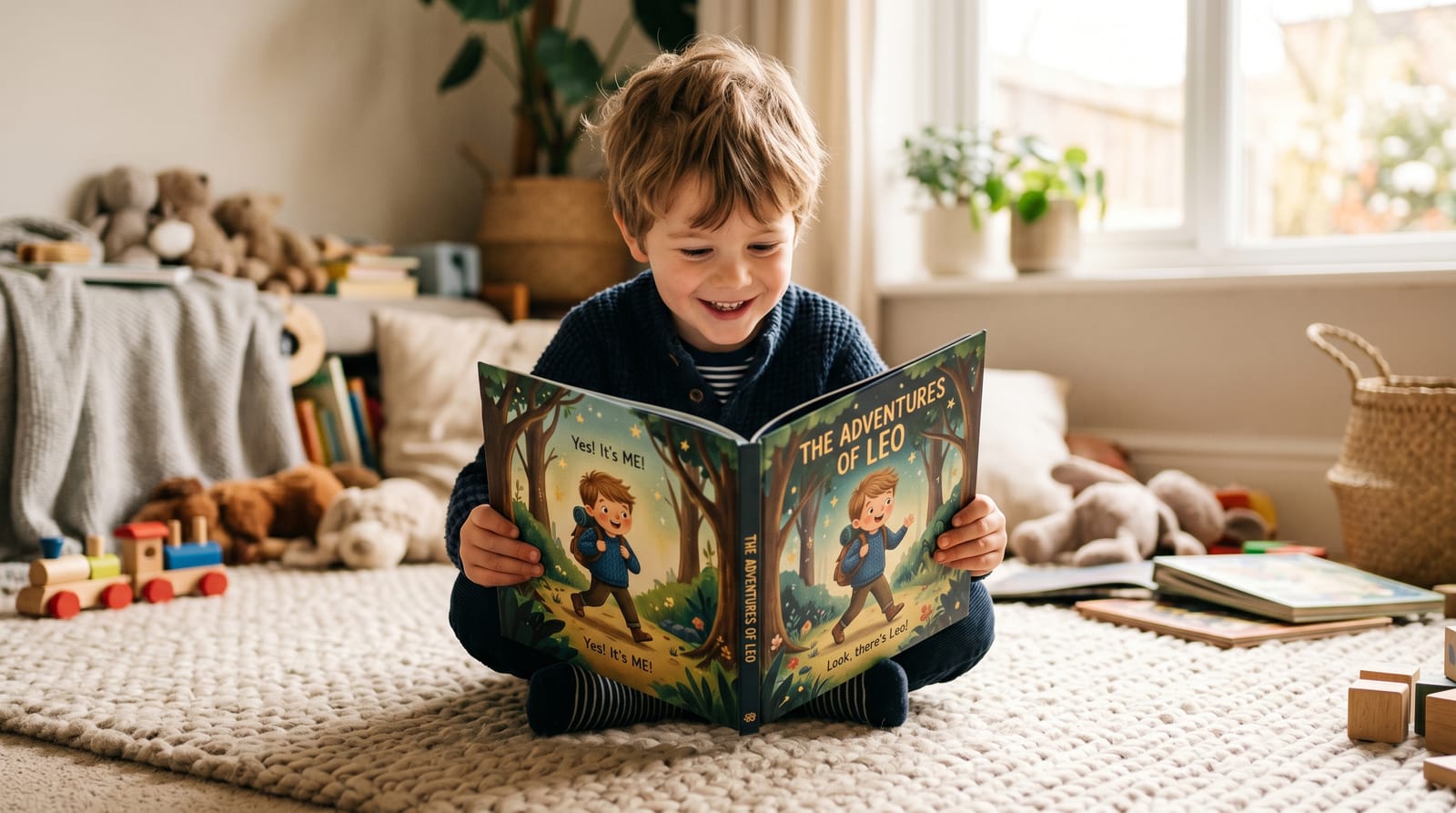 Smiling boy looks with surprise at a personalized children's book illustration of himself, lit by warm natural light while sitting on a cozy rug.
