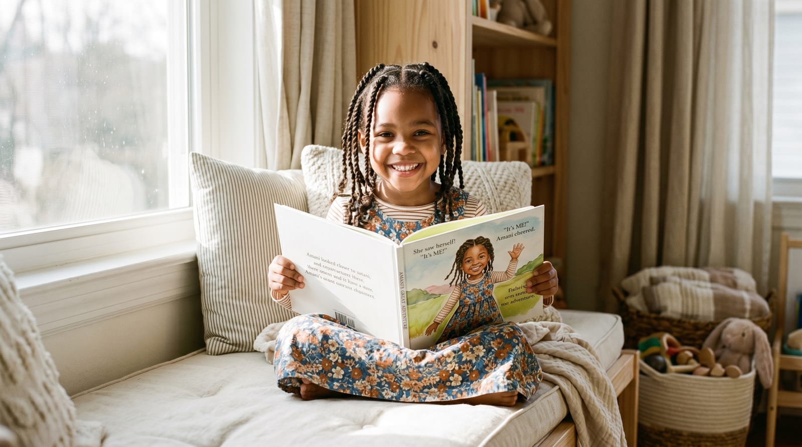 Smiling girl with braids on a sunlit window seat reads a personalized children's book featuring a character that mirrors her exact appearance.