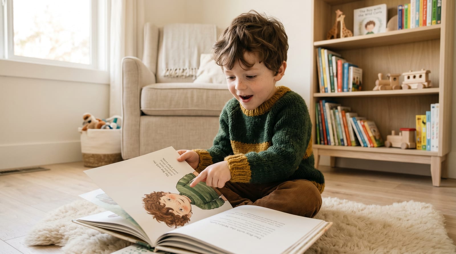 Young boy in a knit sweater points to a character mirroring his features in a personalized children's book in a sun-drenched modern nursery.