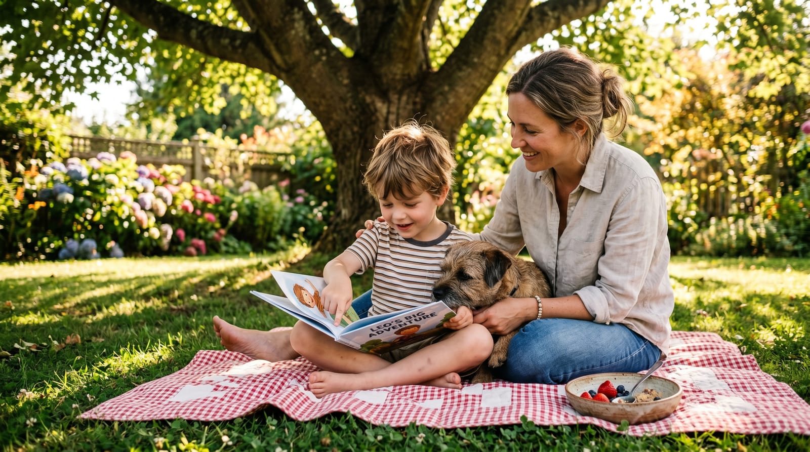Mother and son read a personalized children's book on a sun-dappled quilt; the boy traces a character like himself while a terrier rests on his lap.