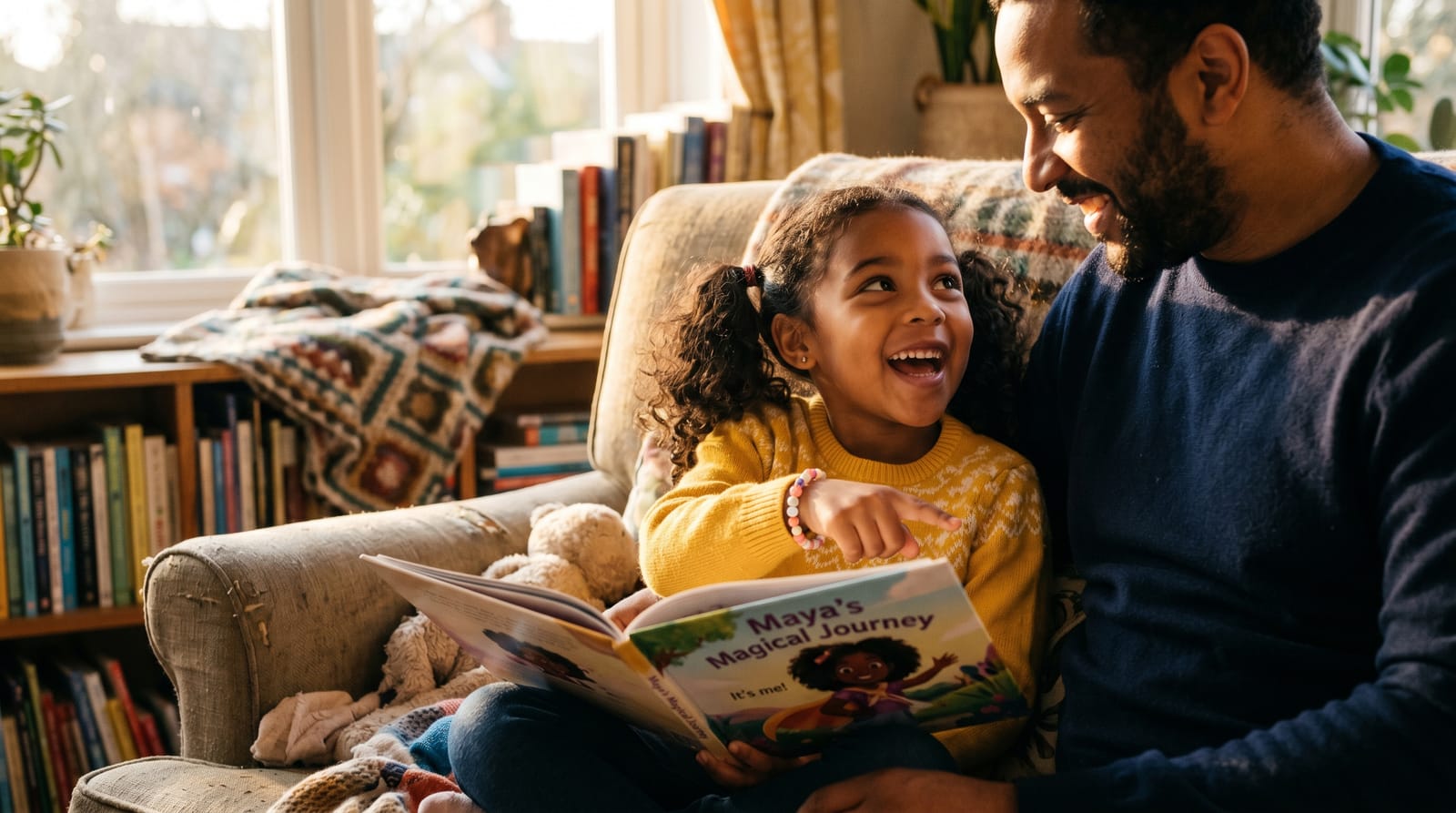 Young girl points excitedly at her own image in a personalized children's book, sharing a joyous smile with her father in a sunlit reading nook.