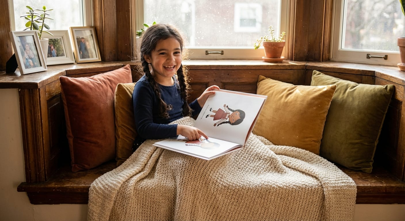 Smiling girl with braids in a sunlit window seat reading a personalized children's book featuring a character who shares her exact likeness.