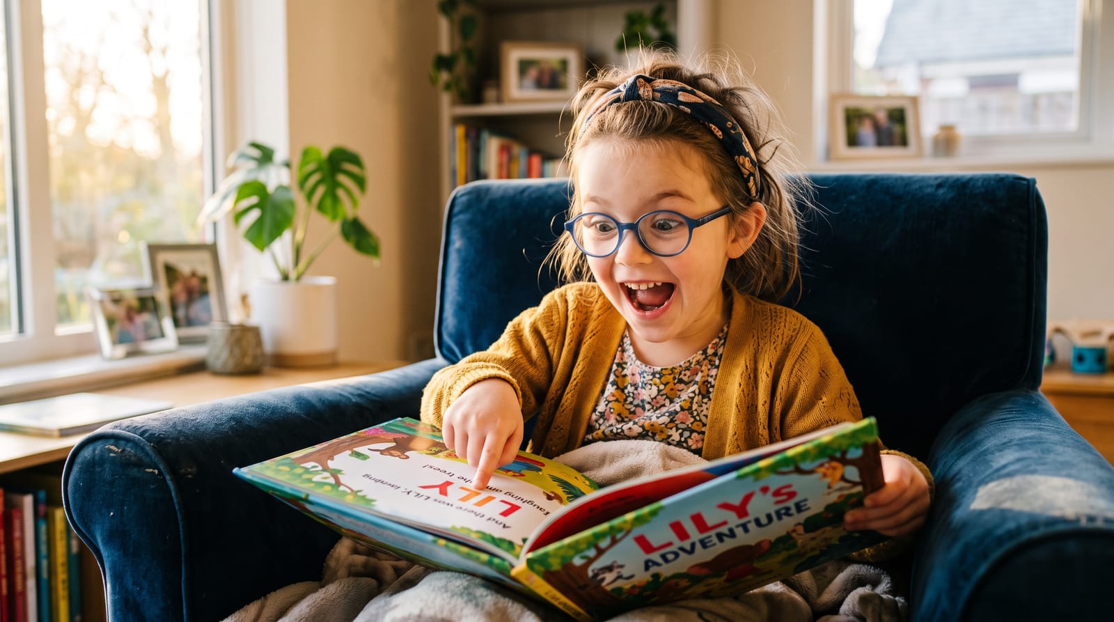 A girl with glasses points to her name in a personalized children's book, showing a joyful "aha" expression in a cozy, sunlit velvet armchair.