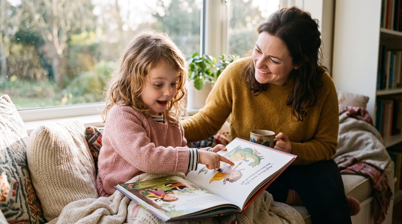Young girl points in wonder at herself in a personalized storybook, recognizing she is the hero as her mother smiles on a sun-drenched window seat.