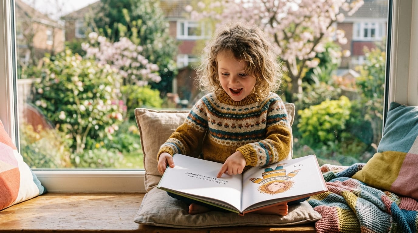 Young girl with messy curls points to her matching sweater in a personalized children's book, recognizing herself on a sun-drenched window seat.