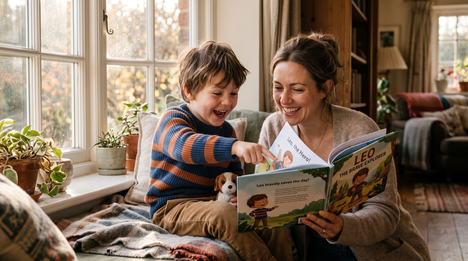 Astonished boy points at a personalized children's book in a sunlit window seat as his mother smiles during their hero-themed reading moment.