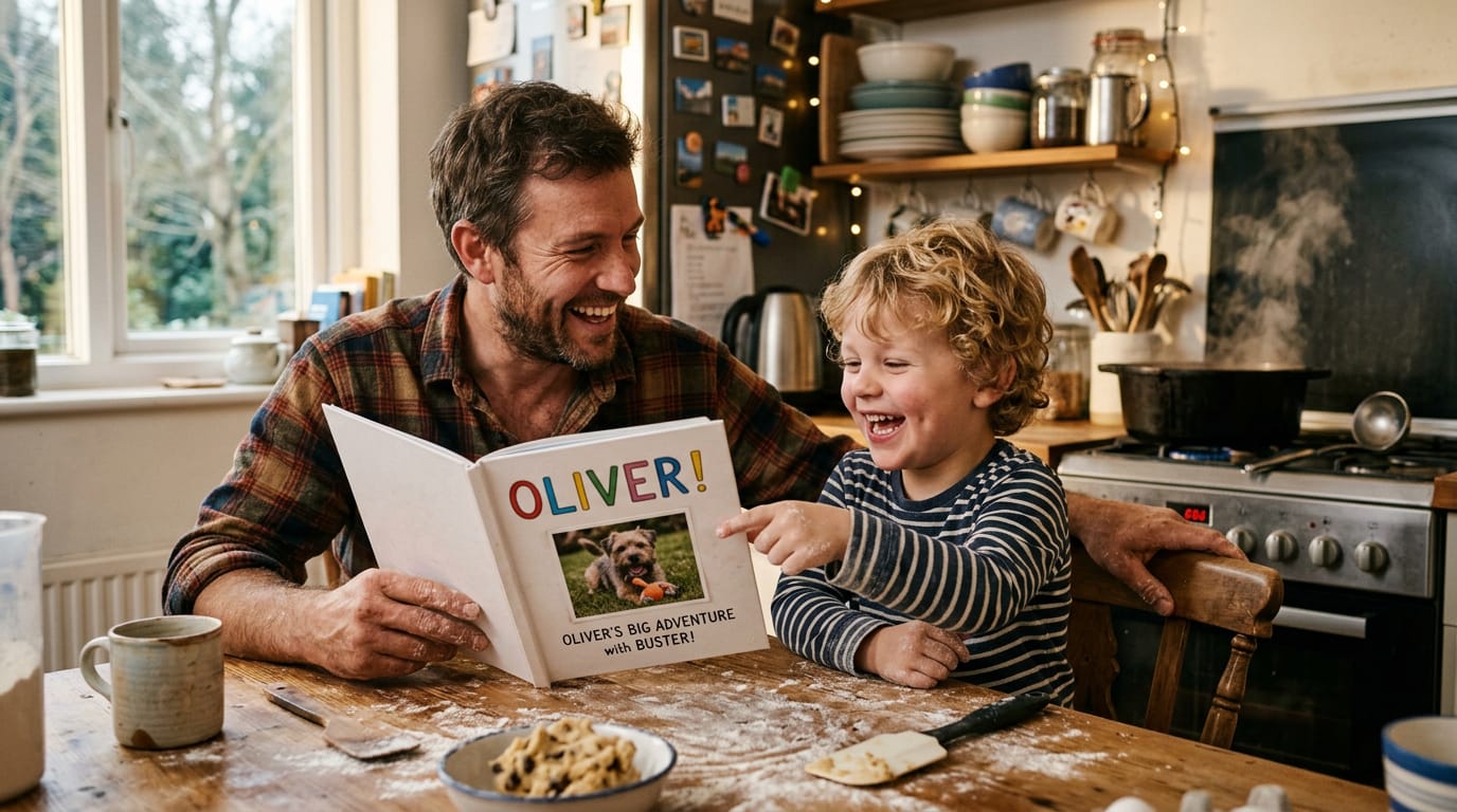 Father and son laugh in a warm kitchen over a personalized children's book on a floury table; the boy points excitedly at his name and family dog.